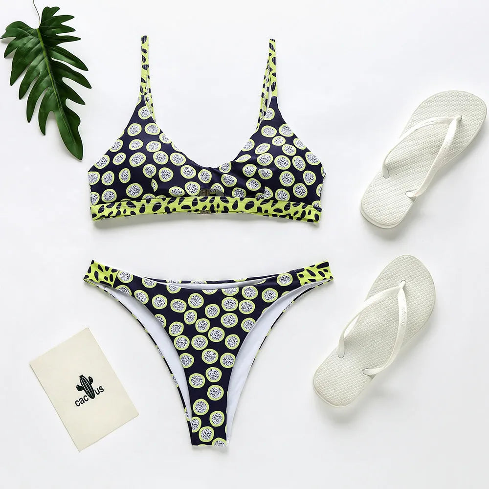 Women's bikini swimsuit set in polyester, shown in black and white dots and red and white stripes patterns.