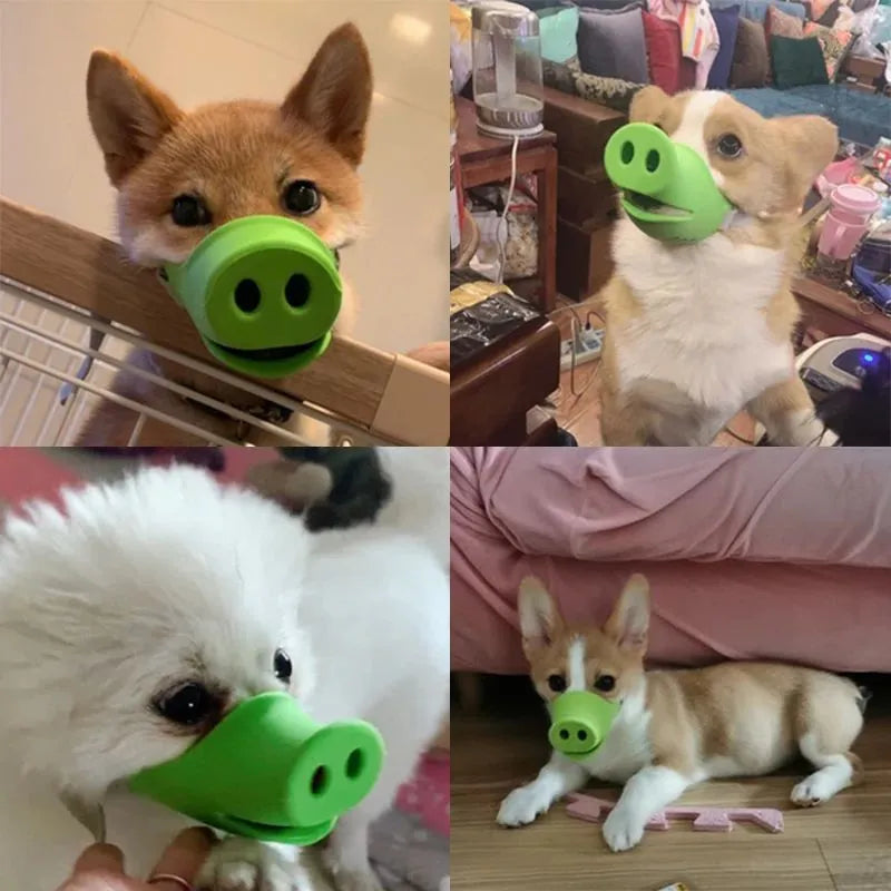 Green silicone anti-bite mouth cover muzzle for a long-mouthed dog on a white background.