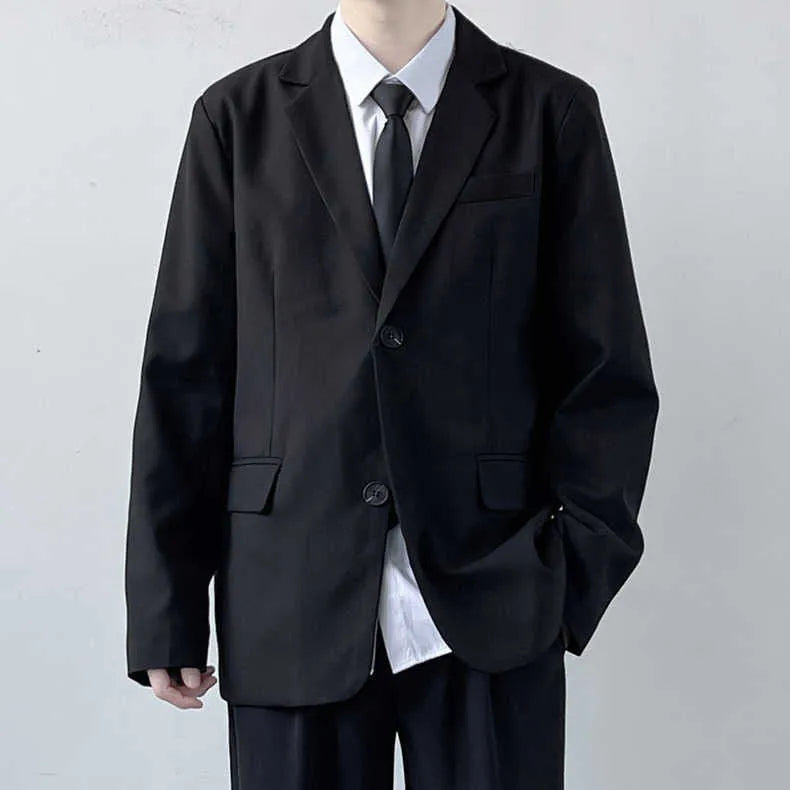 Plus size men's college style suit jacket and trousers set with white shirt and tie on hanger
