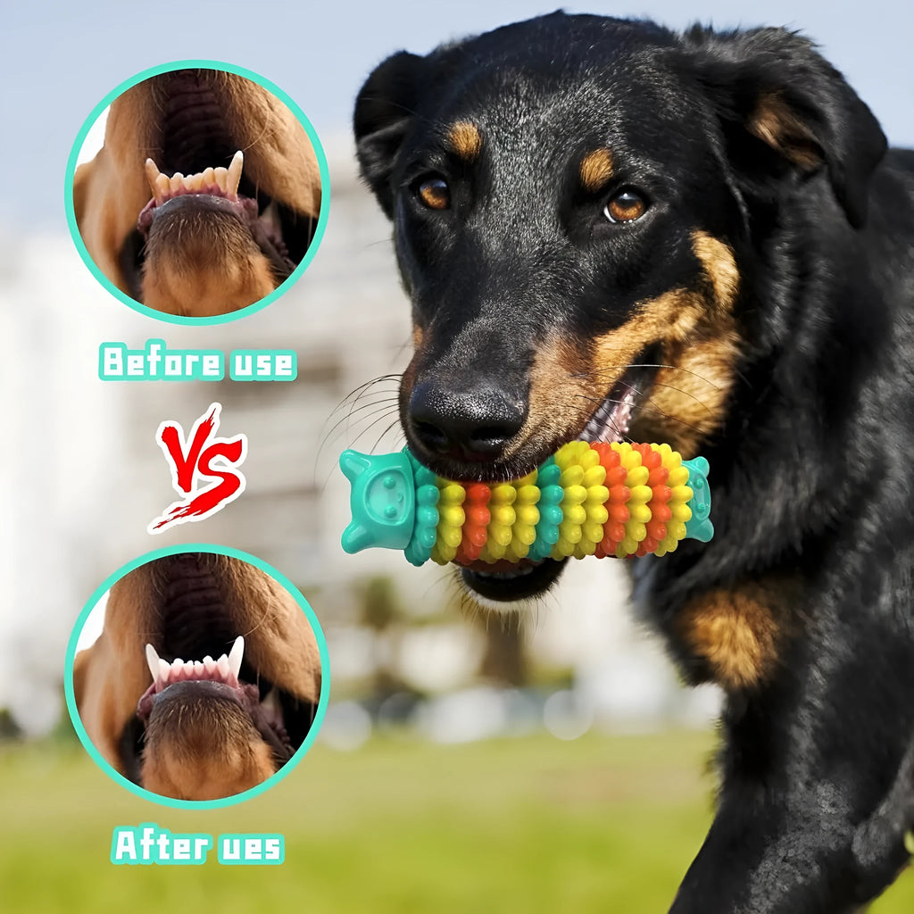 Blue rubber caterpillar-shaped dog chew toy for aggressive chewers on a plain background.
