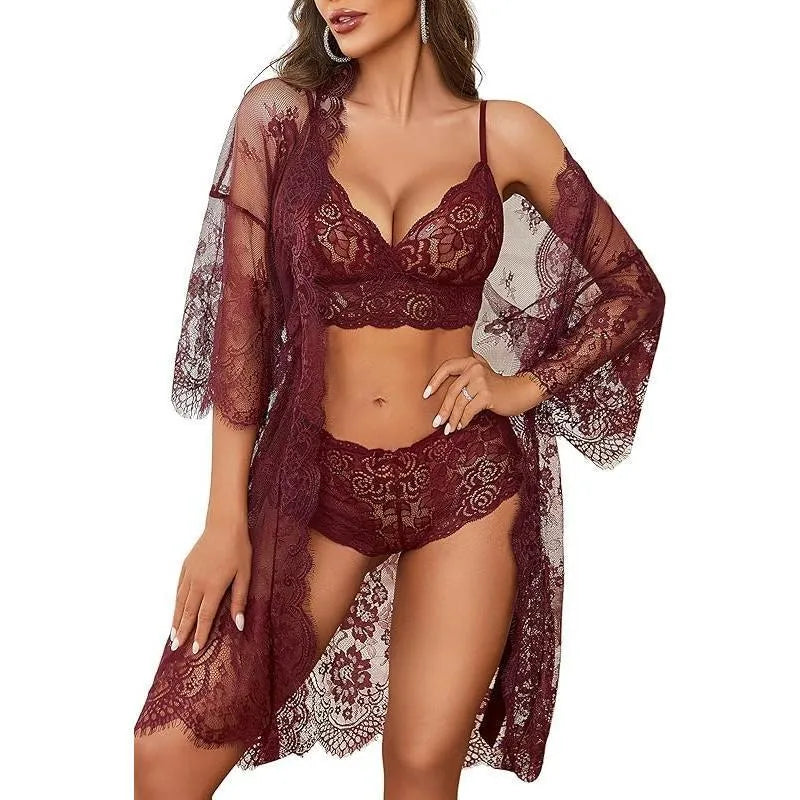 Ladies lace underwear set in apricot colour showing front detail, made from soft polyester fabric.