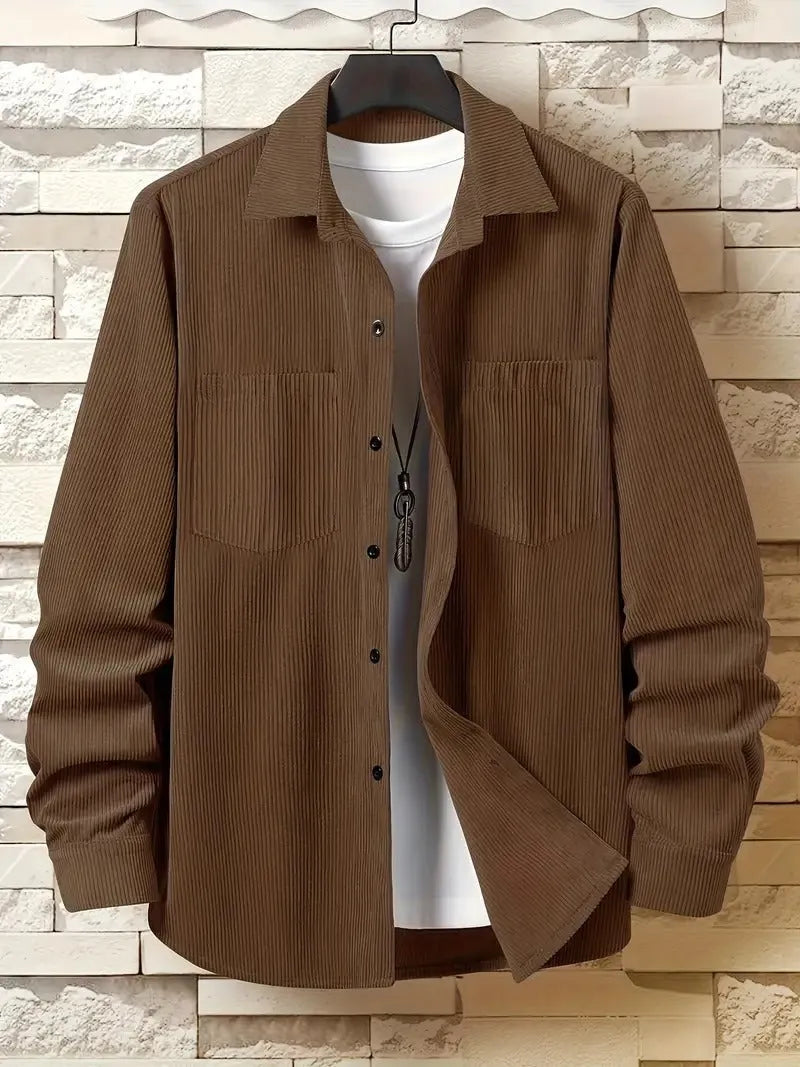 Men's corduroy button jacket in solid colour – army green, front view, with button closure and classic collar