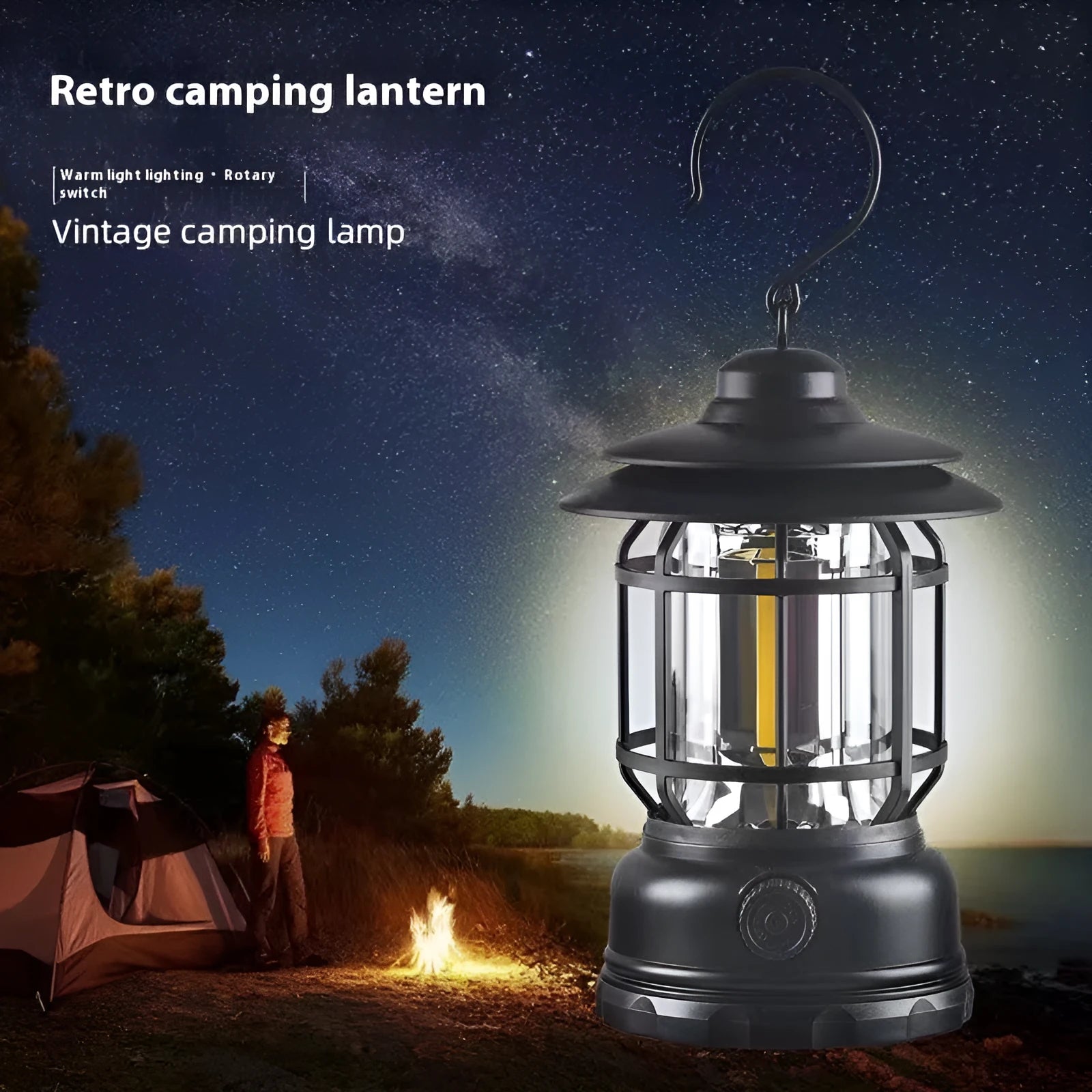 Dark green portable camping lantern with head strap, shown as a headlamp and standalone light for booths.