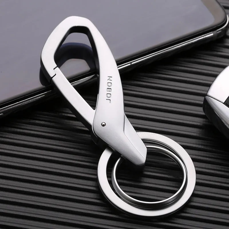 Zinc alloy double ring key chain in black, chrome, or nickel colour, shown with keys attached.