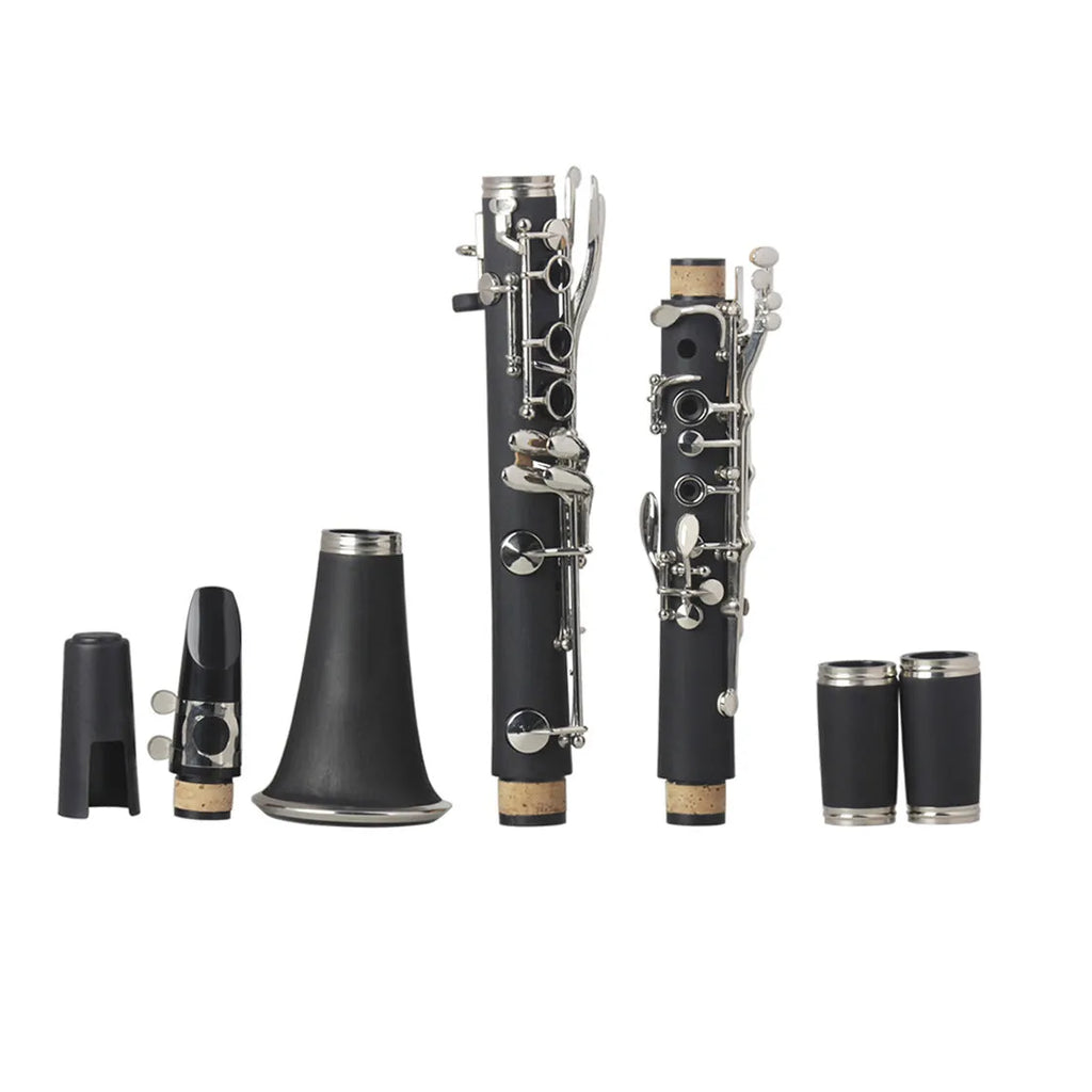 Black bakelite clarinet with 17 nickel-plated keys and included carrying bag