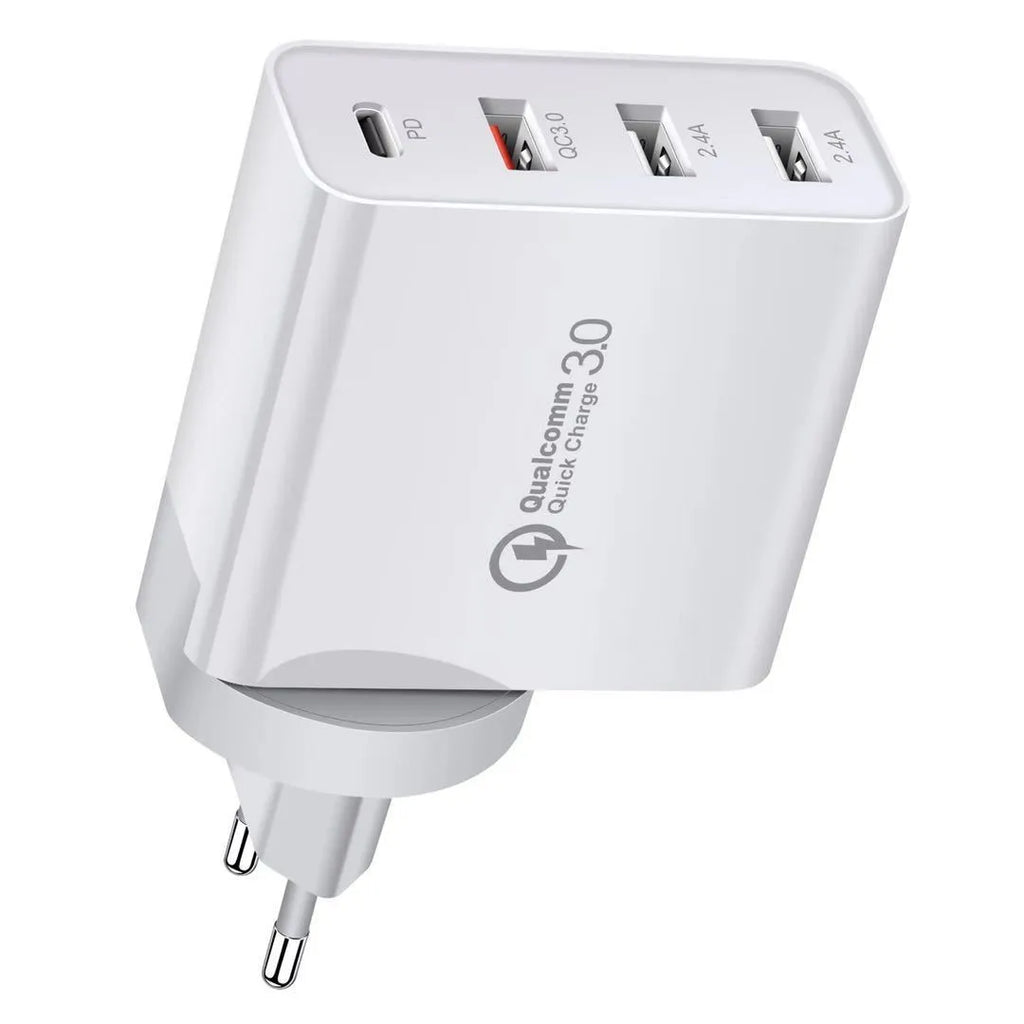 Fast charging wall charger with multiple USB ports in black or white ABS plastic housing