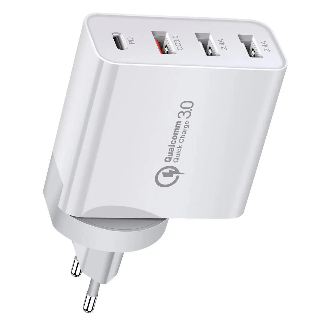 Fast charging wall charger with multiple USB ports in black or white ABS plastic housing