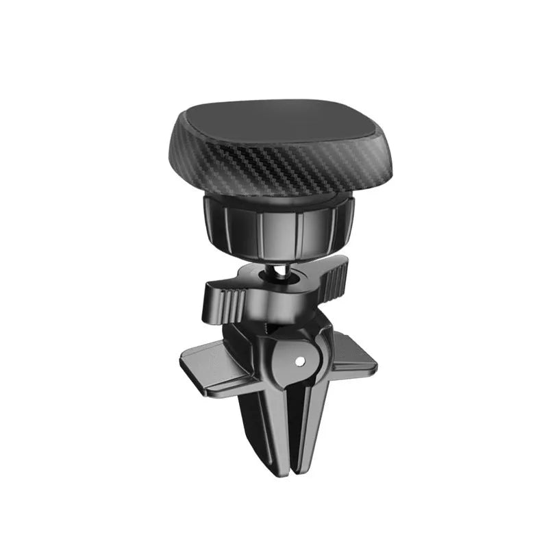 Black magnetic car phone holder mounted on vehicle air vent with adjustable baffle bracket