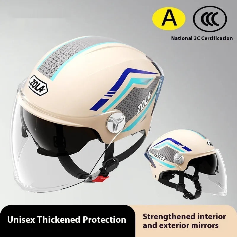 A light brown 3C certified motorcycle half helmet with a double mirror visor on a stand.
