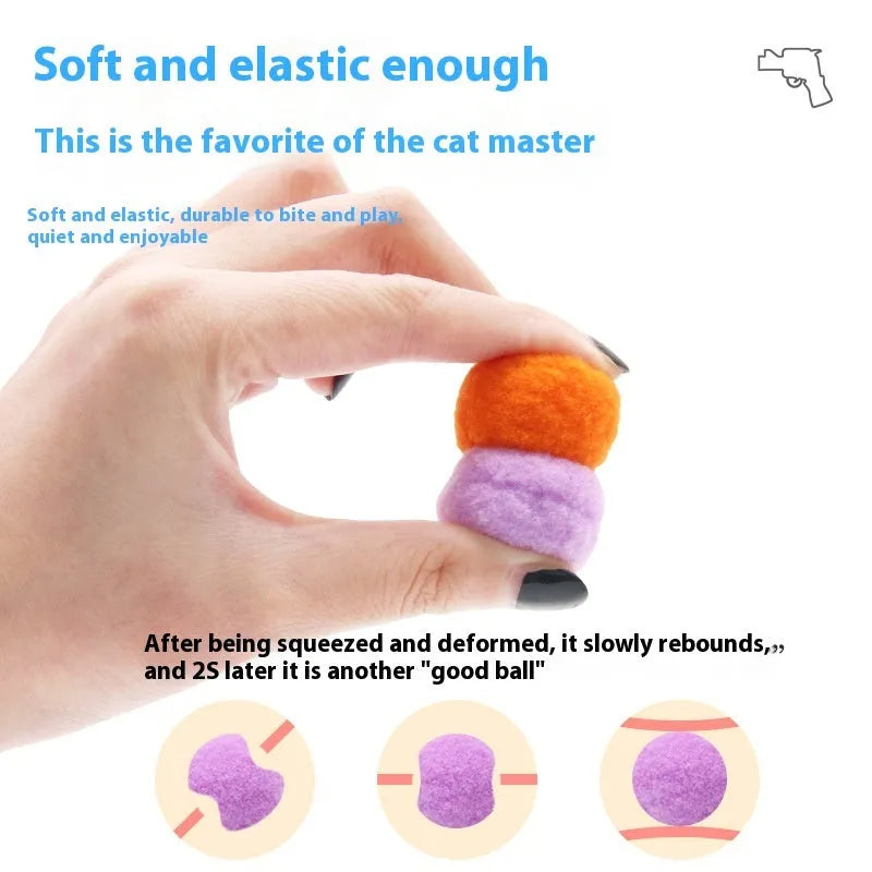 A 30cm long plush ball launcher gun for pets with a selection of soft 3cm yarn balls.