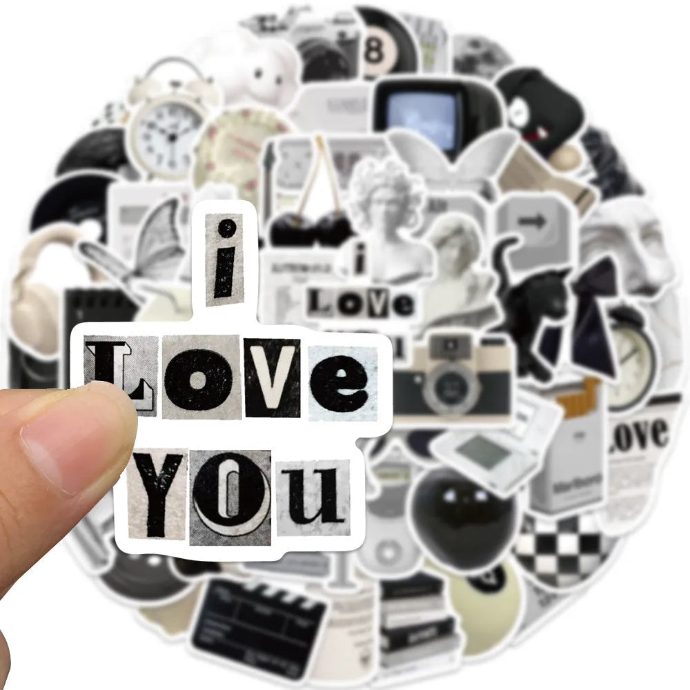 61-piece black and white PVC waterproof sticker pack for laptops and coffee cups