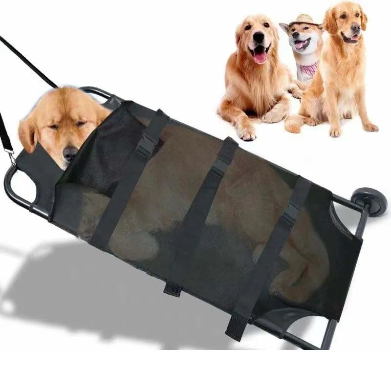 Large black aluminium pet stretcher unfolded to 200cm length for dog emergency transfer