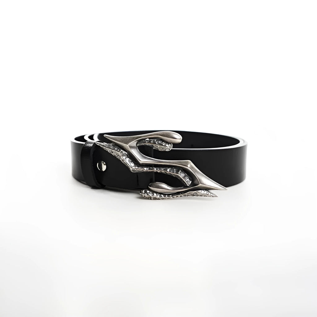 Black men's two-layer cowhide leather belt with metal buckle, shown flat at 110cm length.