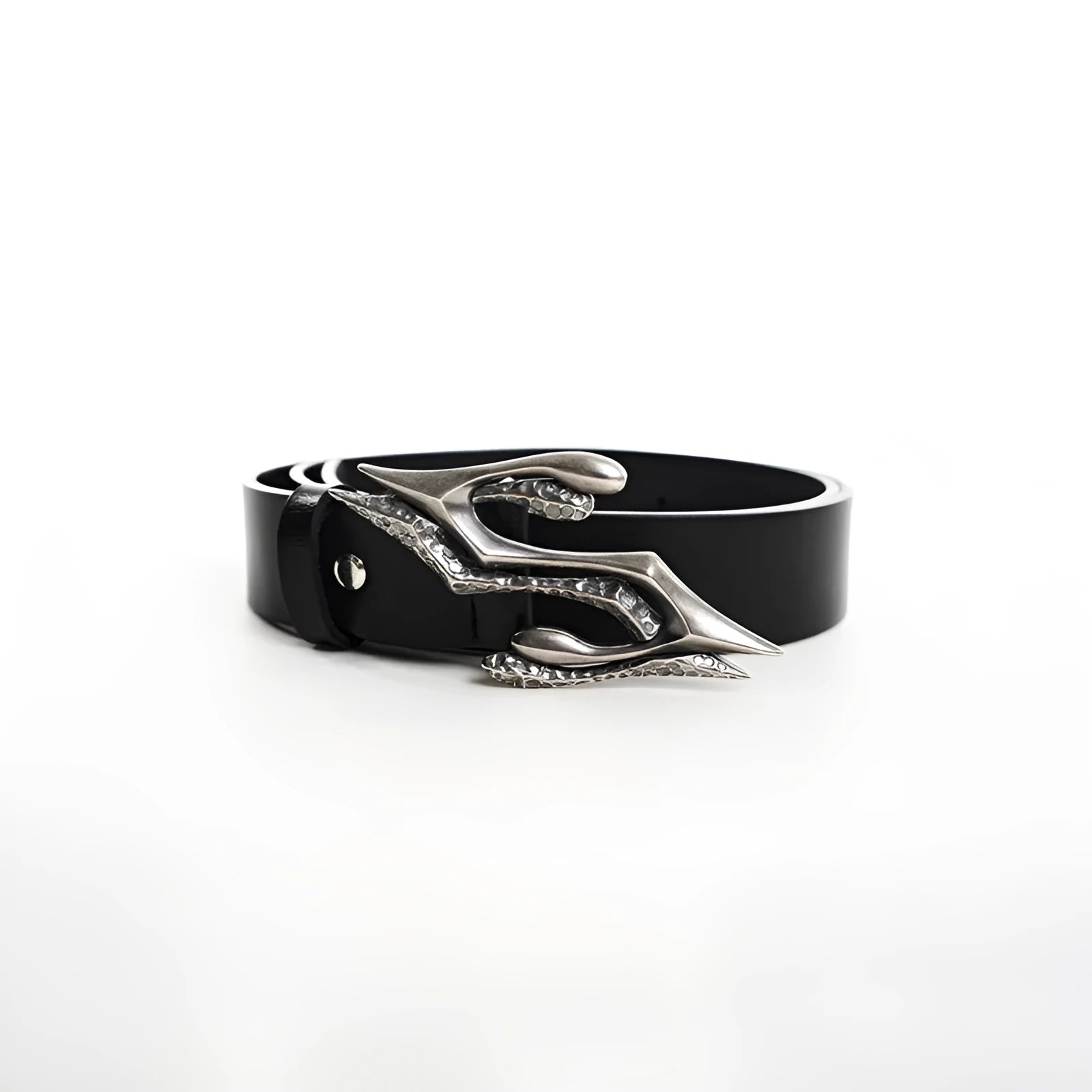 Black men's two-layer cowhide leather belt with metal buckle, shown flat at 110cm length.