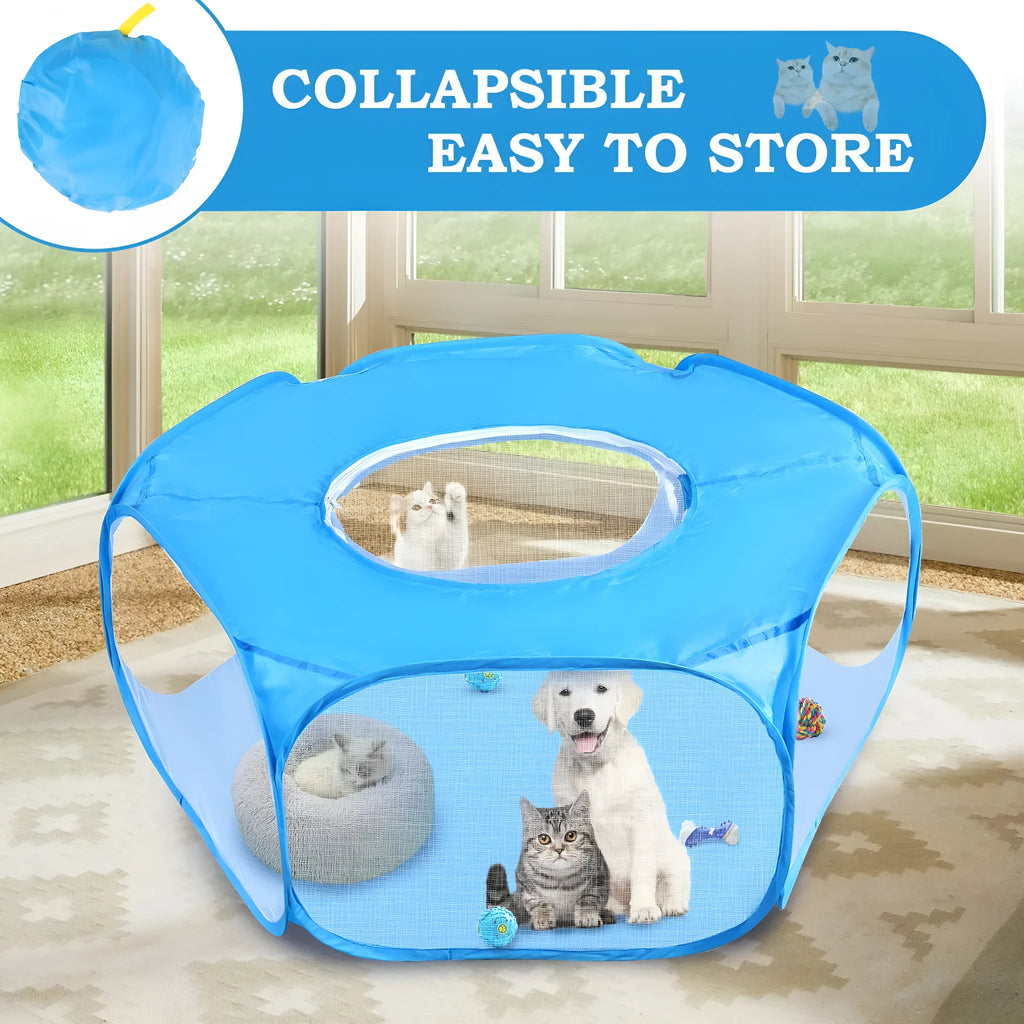 Foldable minipet fence in black and sky blue polyester fibre for indoor and outdoor dog exercise