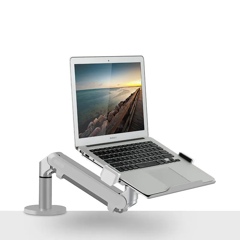 Silver aluminium computer stand with adjustable air pressure arm bracket for laptop support