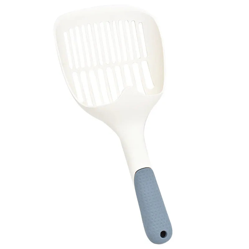 Large white plastic cat litter shovel with slotted drainage holes on a 22cm wide scoop