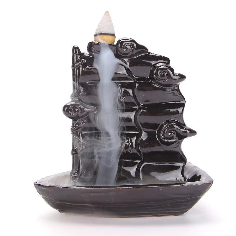 Ceramic backflow incense burner with tree ornament in green, mangrove, pink or white