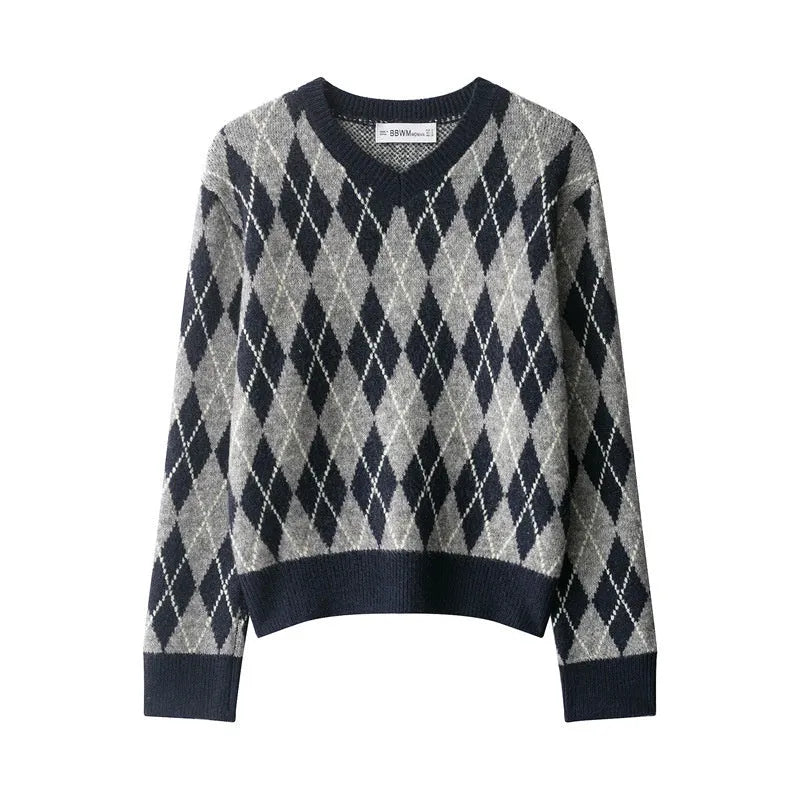 Women's contrast-colour diamond pattern knit sweater pullover long sleeves regular fit casual top