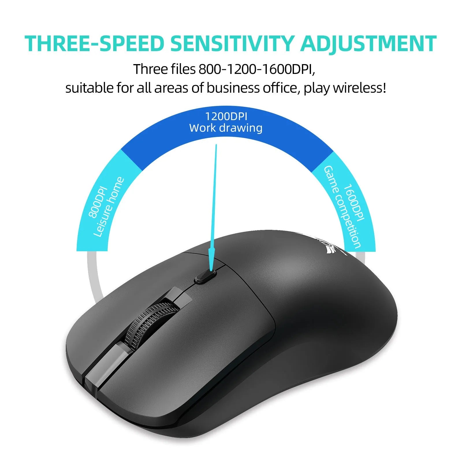 Black wireless computer mouse with three-gear audio button for laptops