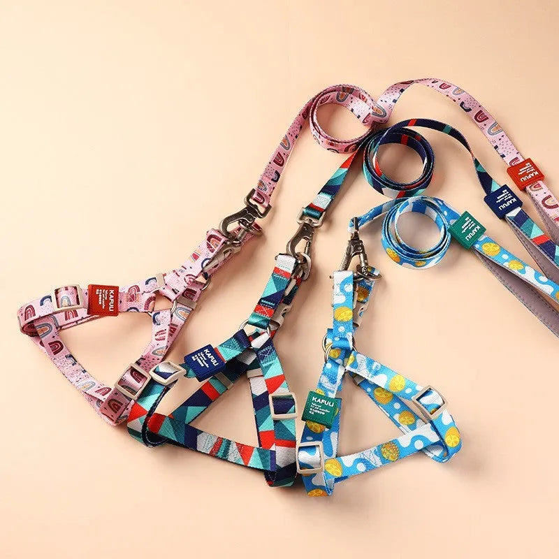 Dog harness and leash set in polyester fabric showing blue, pink and green colour options