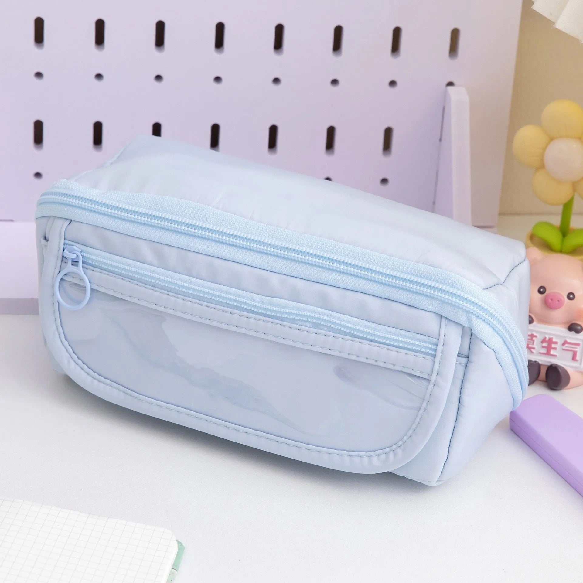 Korean style ten-layer flip canvas pencil case open to show multiple compartments.