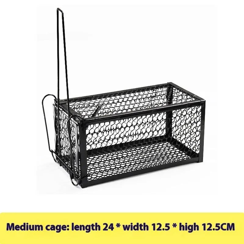 Automatic mouse trap cage and metal clamp rat trap shown in small, medium, and large size options.