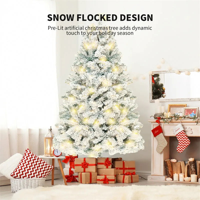Artificial green and white snow-effect PVC Christmas tree with metal stand.