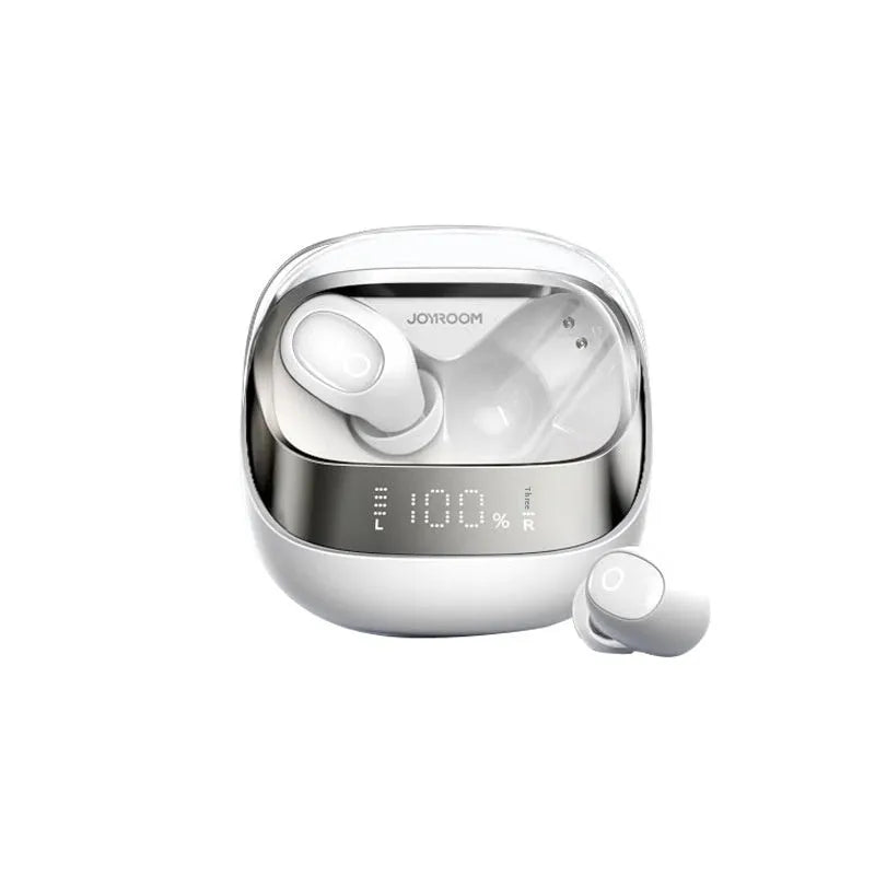Dawn white wireless in-ear Bluetooth headphones with a matching charging case on a table.