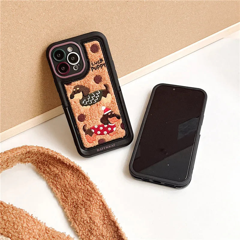 Sausage dog cartoon TPU phone case with brown bottom and sweater embroidery for iPhone