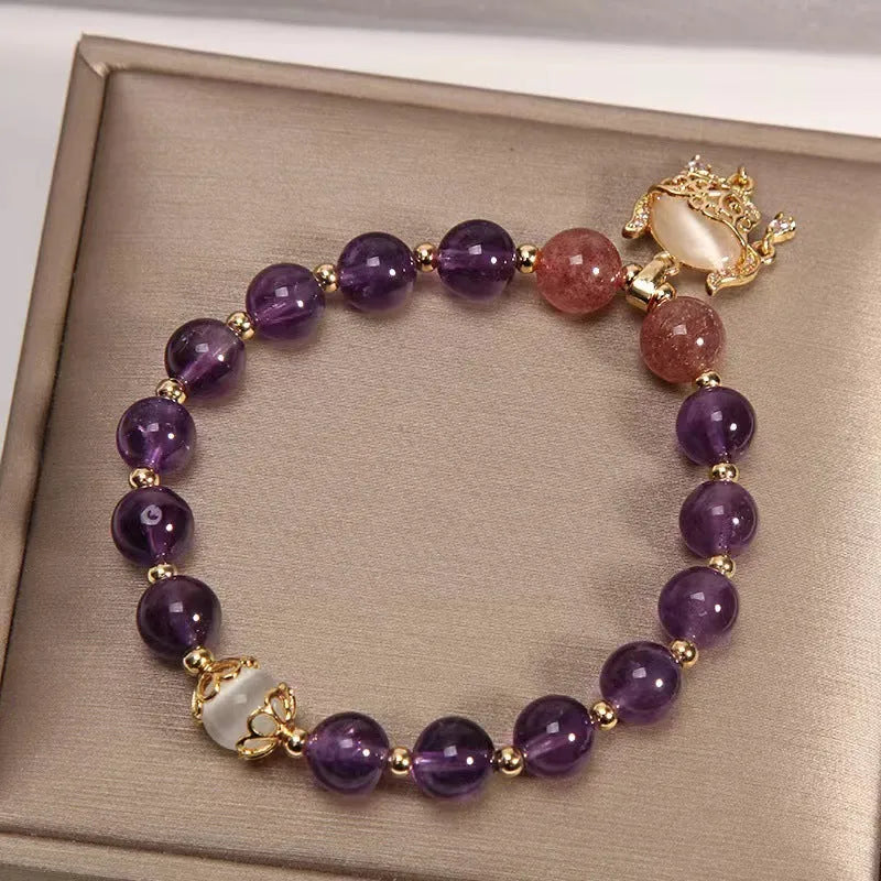 Handmade drop-shaped copper bracelet with a longevity lock charm and Ruyi design for women.