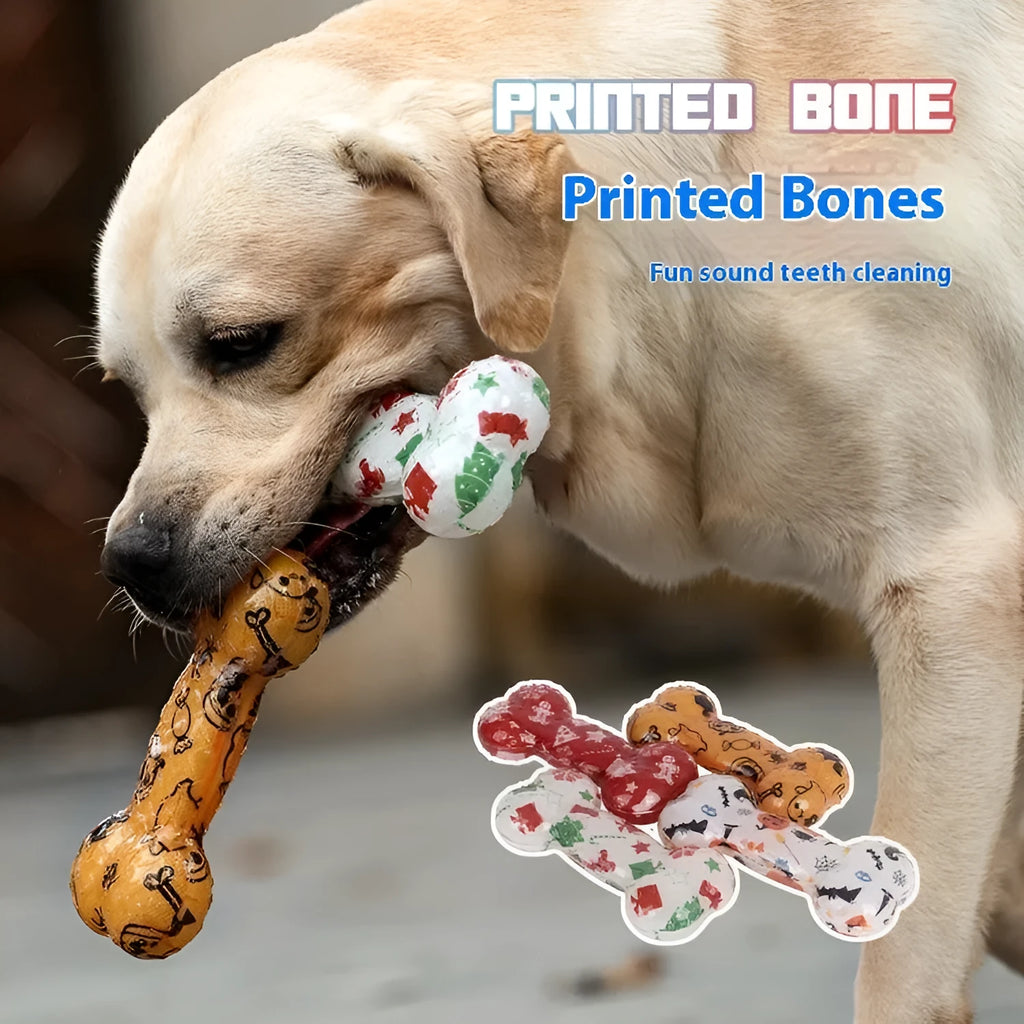 Printed bone shaped TPR dog chew toy with squeaker in seasonal colour variations