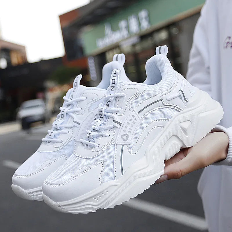 Women's white mesh casual sports shoes with thick sole and buckle detail
