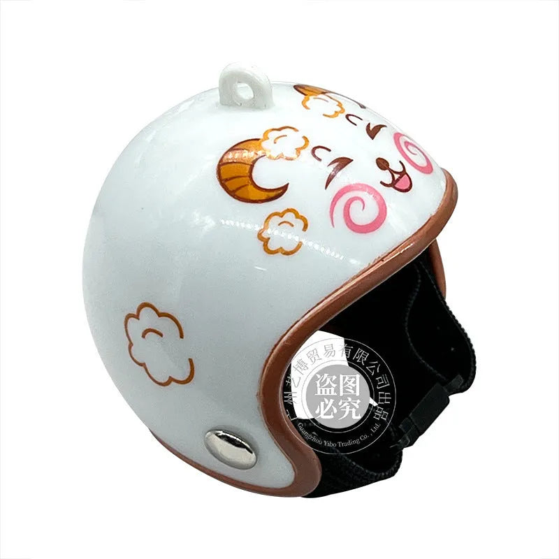 Small plastic chicken pet helmet in one of twelve designs including rainbow, plaid, or smiling face.