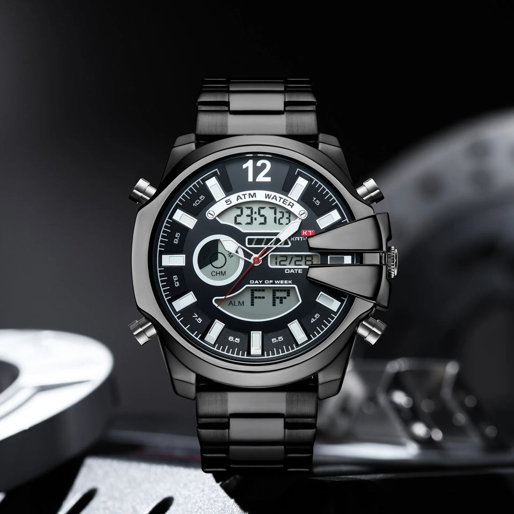 Men's dual display alarm LED sports watch with 55mm round mineral glass dial and stainless steel strap, black colour
