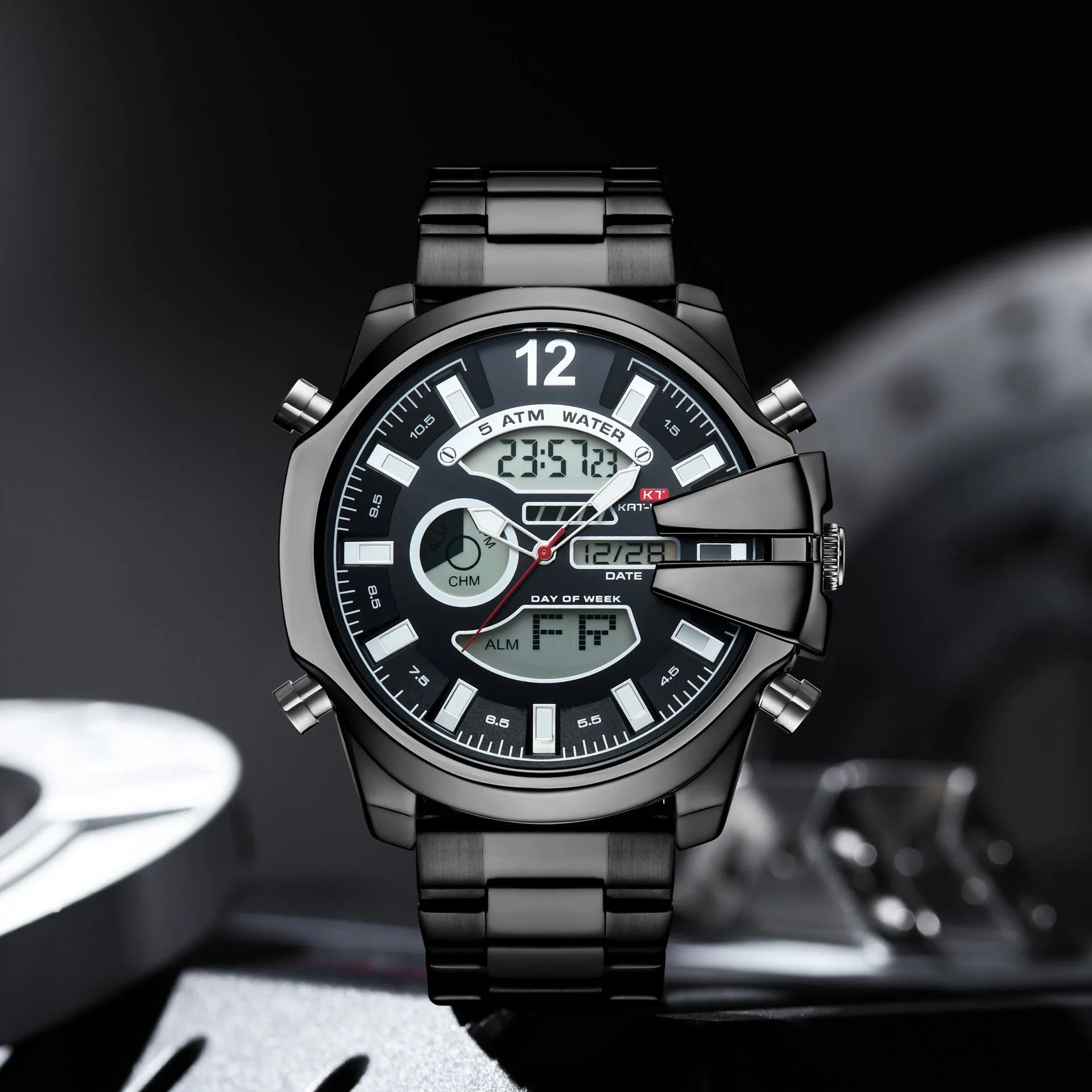 Men's dual display alarm LED sports watch with 55mm round mineral glass dial and stainless steel strap, black colour