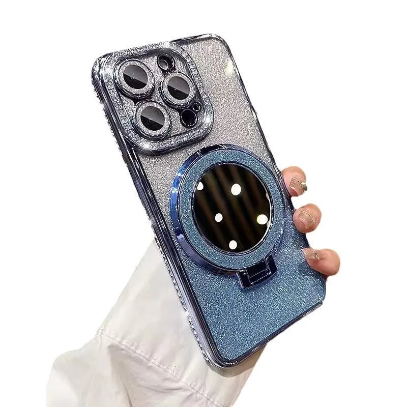 Glitter gradient iPhone case with built-in stand bracket in pink, blue, purple, silver, gold, and black colour options.