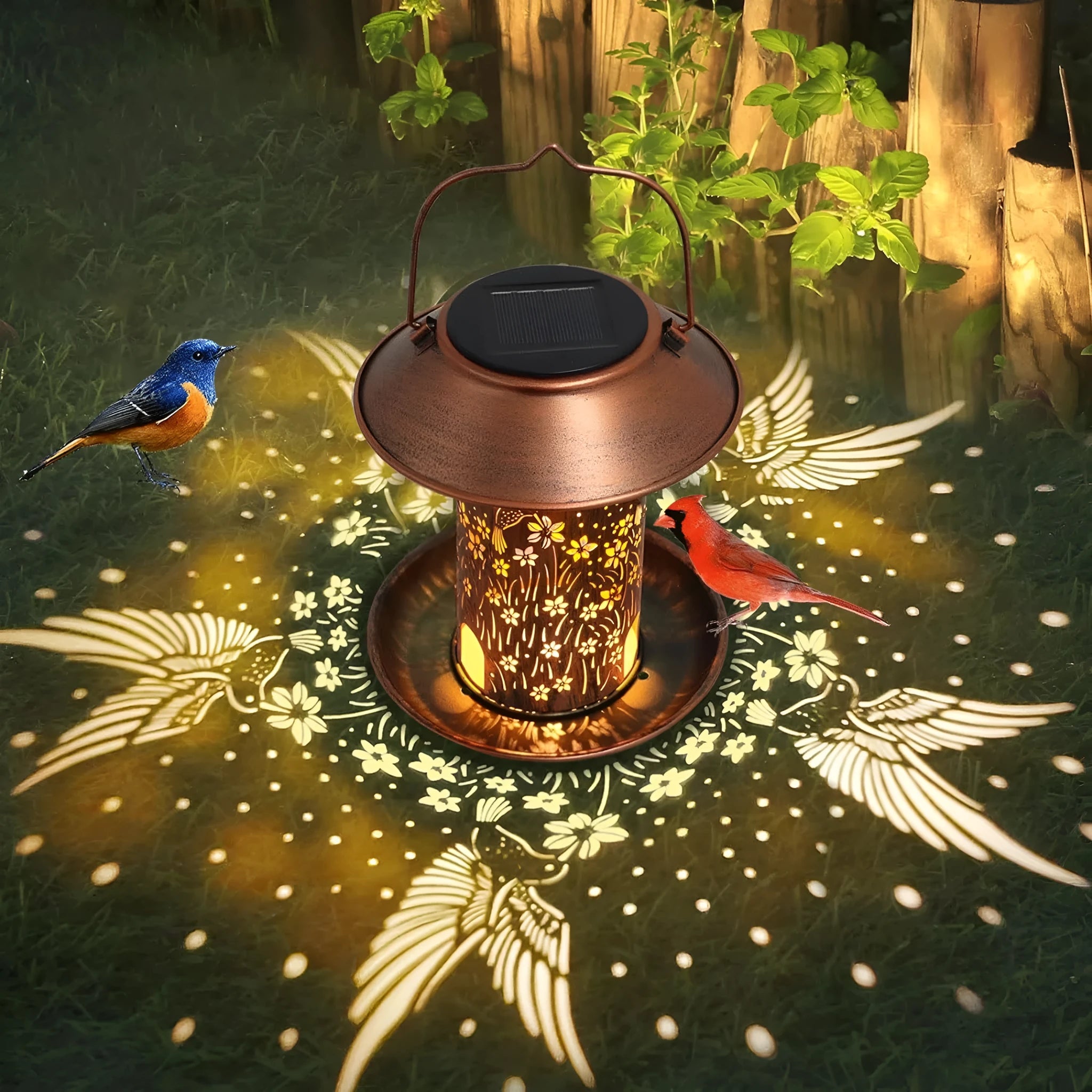 Solar-powered iron art bird feeder with hummingbird design and waterproof IP65 rating for garden placement