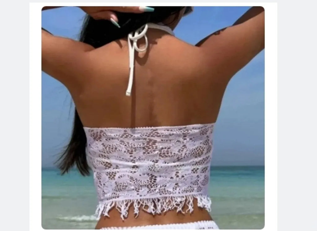 Women's white lace bikini top with black tassel cover-up skirt two-piece swimsuit set