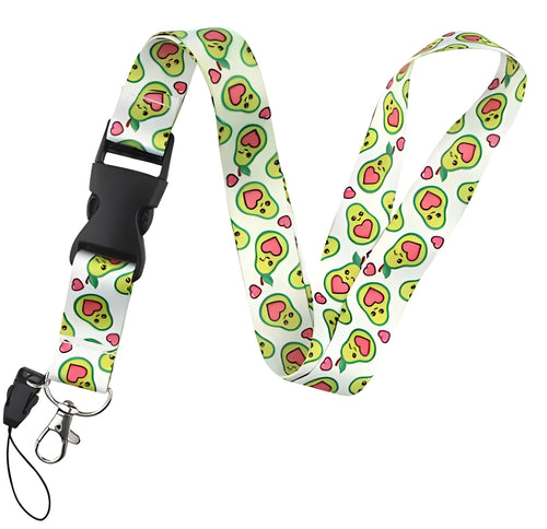 Avocado and fruit cartoon design on a double-sided white polyester phone lanyard with a black plastic buckle.
