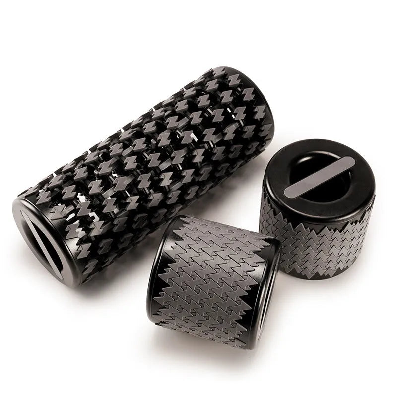 Adjustable telescopic foam roller extended to show length with yoga pillar accessory in choice of colours