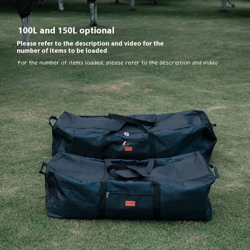 Green waterproof camping storage bag shown expanded and folded, with tents and chairs organised inside