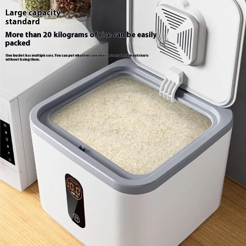 Grey sealed plastic rice storage jar with lid and measuring cup in 10kg, 20kg, and 30kg size options.