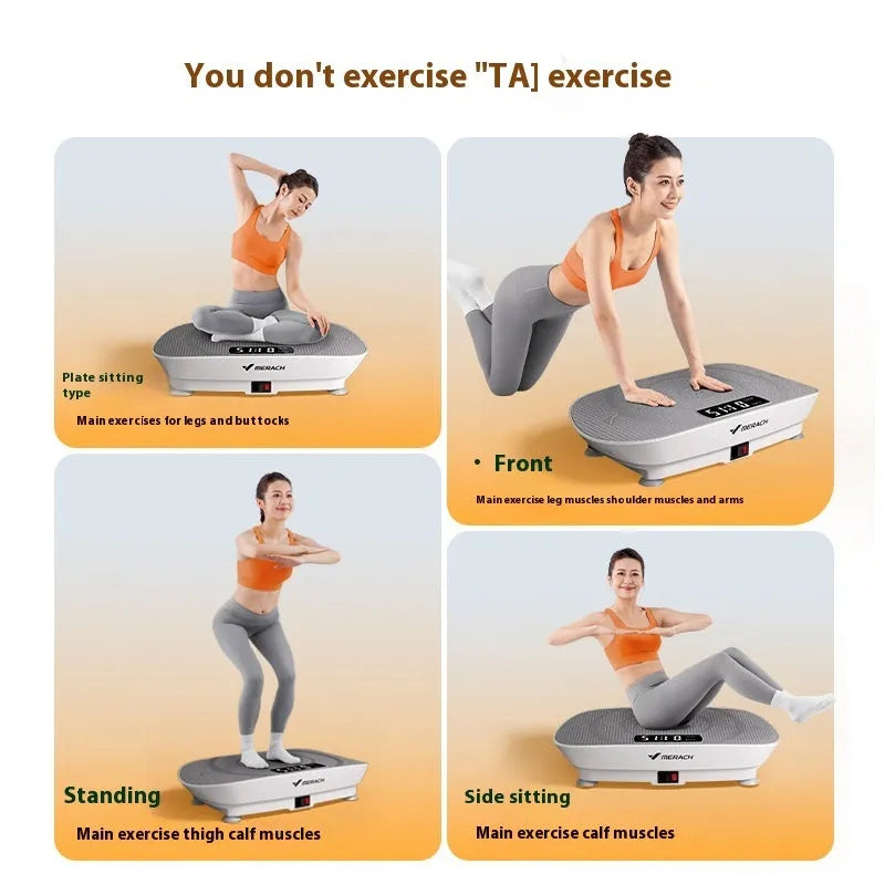 Portable grey smart power plate MR-2398 with dimensions 58x38x16cm showing Bluetooth connectivity and US electrical plug
