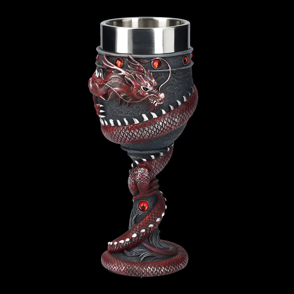 Red wine glass with Chinese dragon 3D stainless steel detailing in gold colour