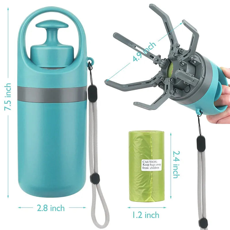 Blue portable dog poop scooper with built-in bag dispenser and eight-claw shovel mechanism