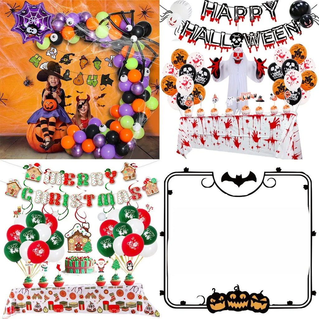 Black and white Halloween balloons with skull and pumpkin designs arranged as spider arch decoration