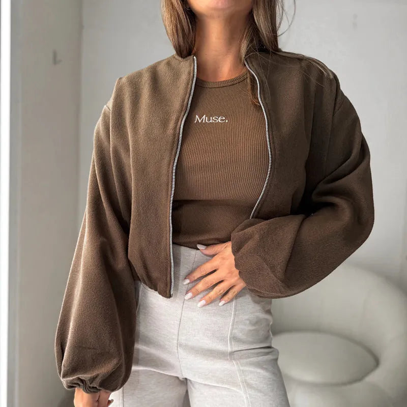 Women's off-shoulder short coat with lantern sleeves in milky white or brown