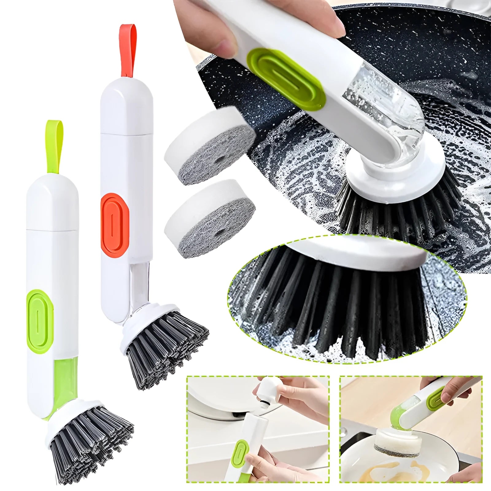 White and red long-handle kitchen brush with liquid dispenser button and two spare brush heads