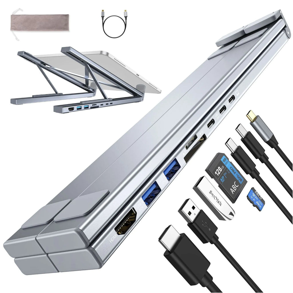 Aluminium folding laptop docking station stand with multi-port hub and HDMI output on a desk